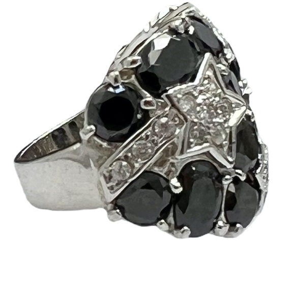 STERLING SILVER BLACK & CLEAR CRYSTALS NIGHT SKY WITH STARS COCKTAIL RING SIZE 7 - Picture 3 of 16